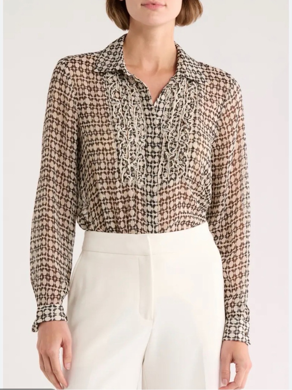 ZARA Sheer Frilly Printed Blouse Retro Geometric Dot Ruffle Front Long Sleeve XL